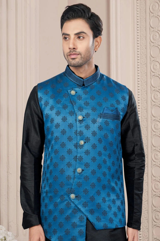Black Silk Dupion Jacket Kurta Pajama NCKP10410137