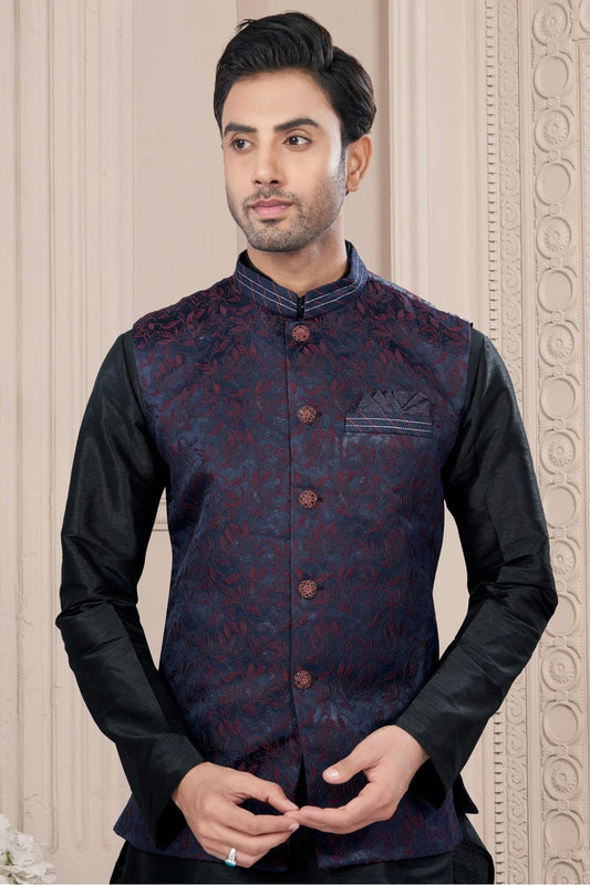 Black Silk Dupion Jacket Kurta Pajama NCKP10410138
