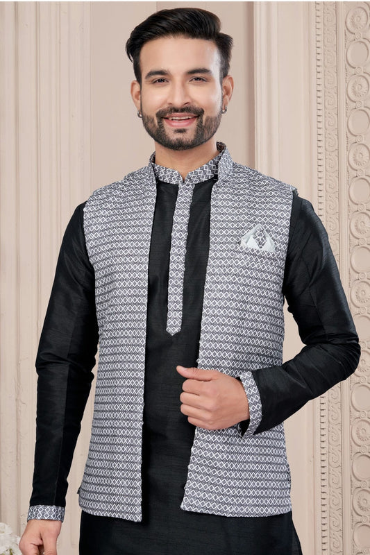 Black Silk Dupion Jacket Kurta Pajama NCKP10410145