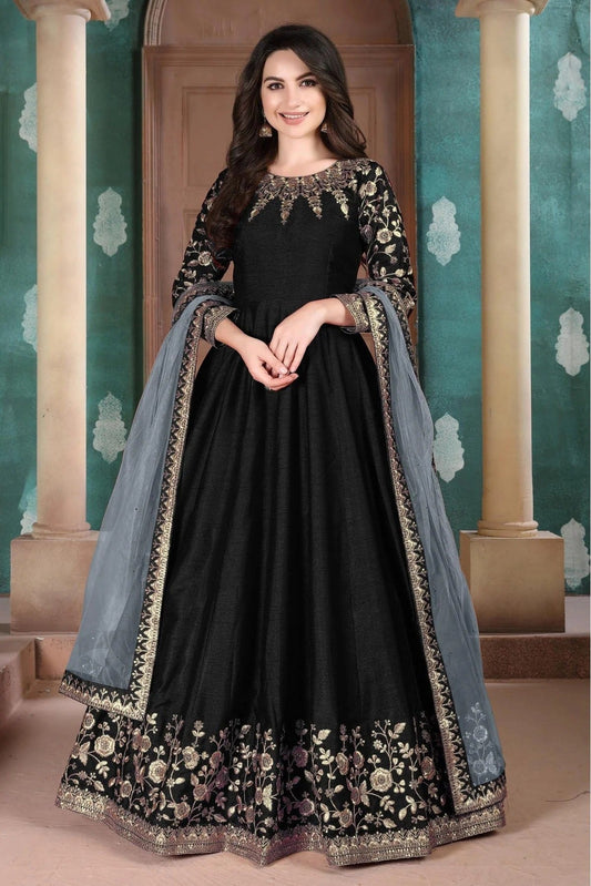 Black Silk Embroidery Anarkali Suit NCSM10510355