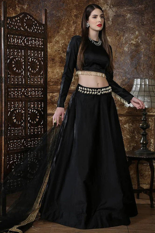 Black Taffeta Satin Foil Print Lehenga Choli NCLC11510130