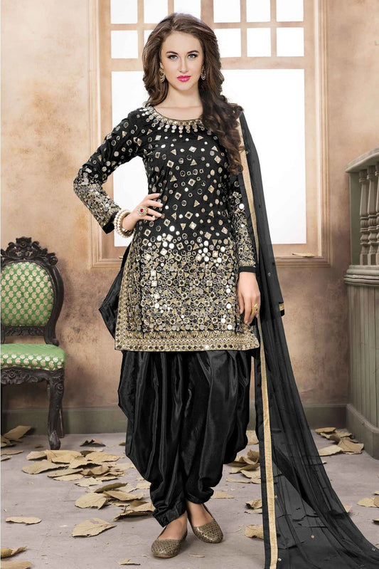 Black Taffeta Silk Embroidery Patiala Suit NCSM10510361