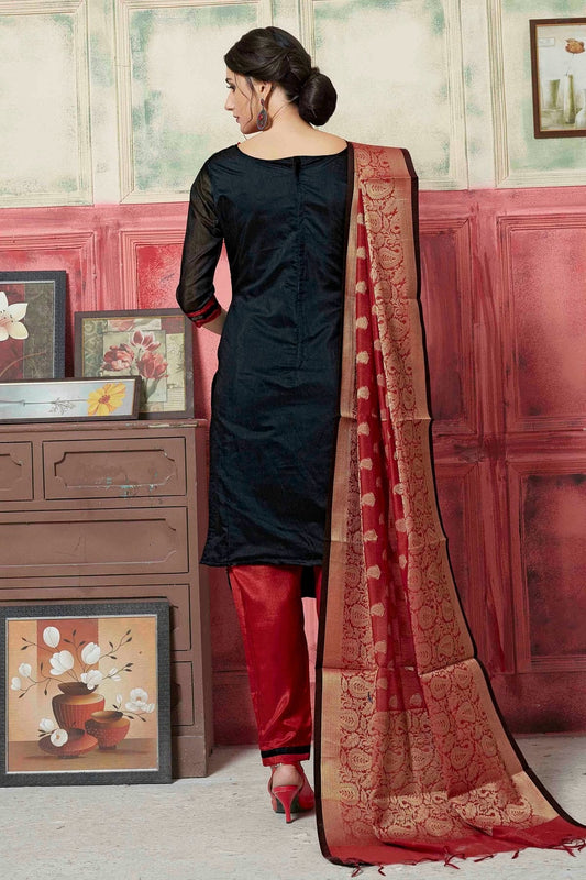 Black Unstitched Banarasi Silk Straight Suit NCUS11610296