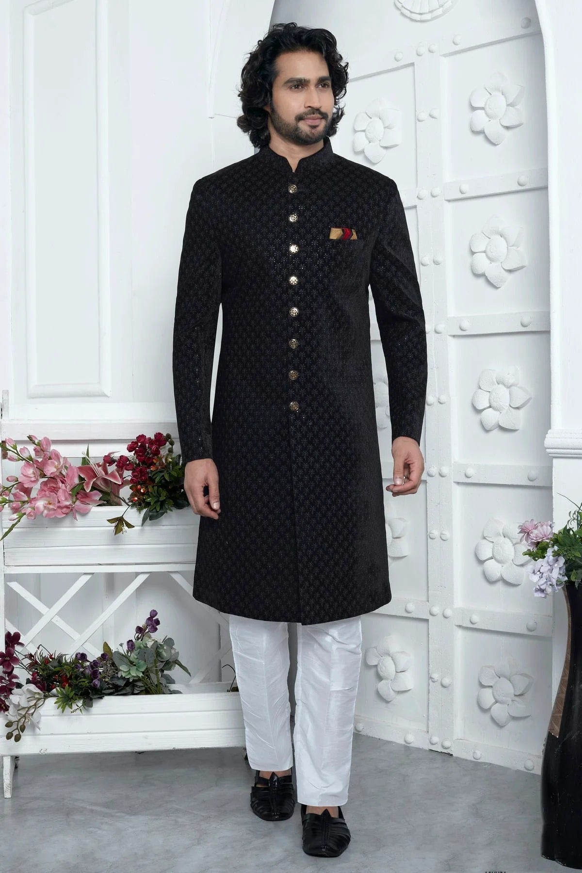 Black Velvet Silk Indowestern Sherwan With Aligadhi Pant NCSH12310346
