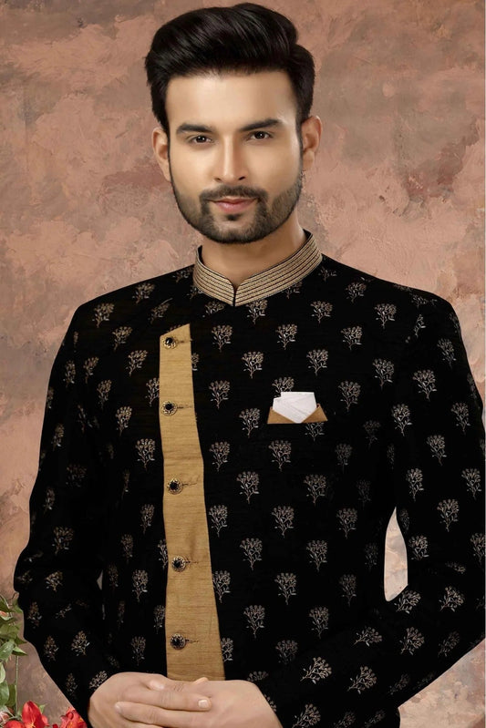Black and Beige Jacquard Digital Print Sherwani NCSH10410430