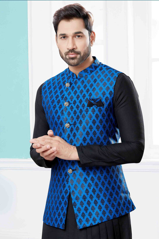 Black and Blue Indo Western In Silk Dupion NCSH10410547