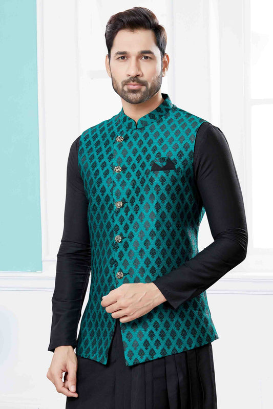 Black and Green Indo Western In Silk Dupion NCSH10410549
