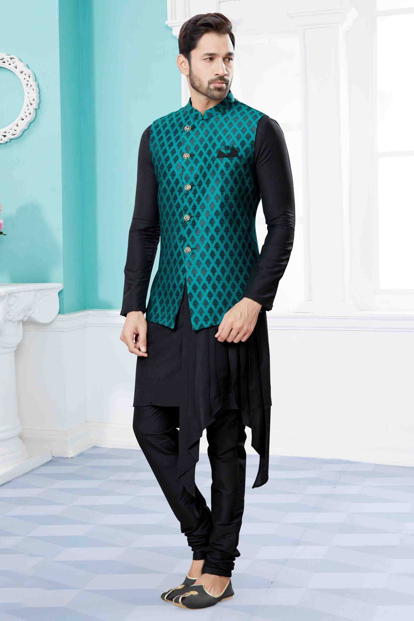 Black and Green Indo Western In Silk Dupion NCSH10410549