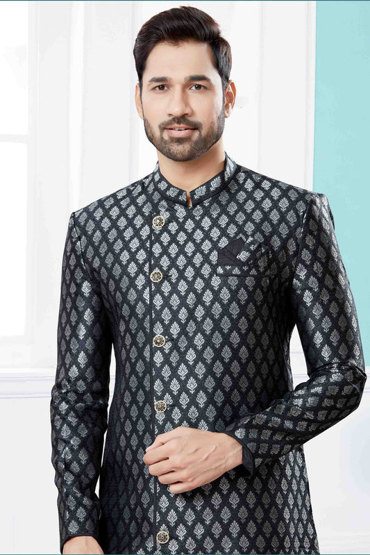 Black and Grey Indo Western In Banarasi Jacquard NCSH10410534