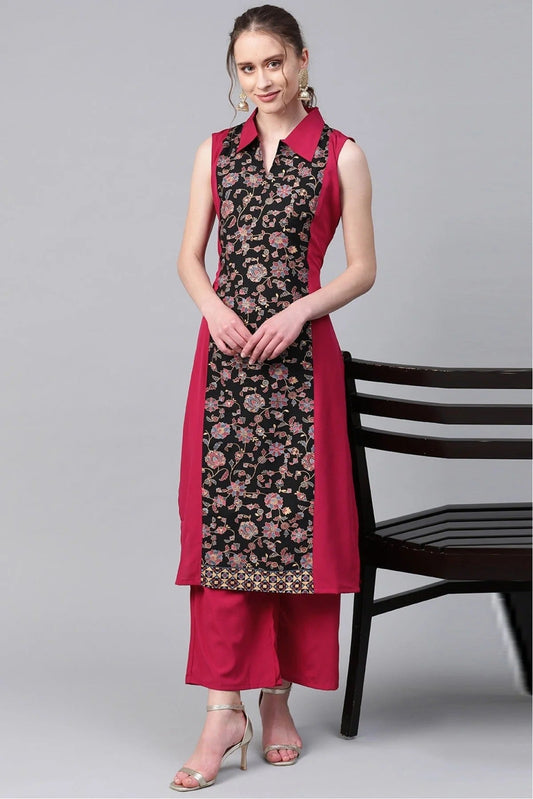 Black and Pink Plus Size Crepe Straight Kurta Palazzo Set NCKR10610106