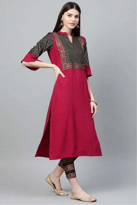 Black and Pink Plus Size Crepe Straight Kurta Pant Set NCKR10610147