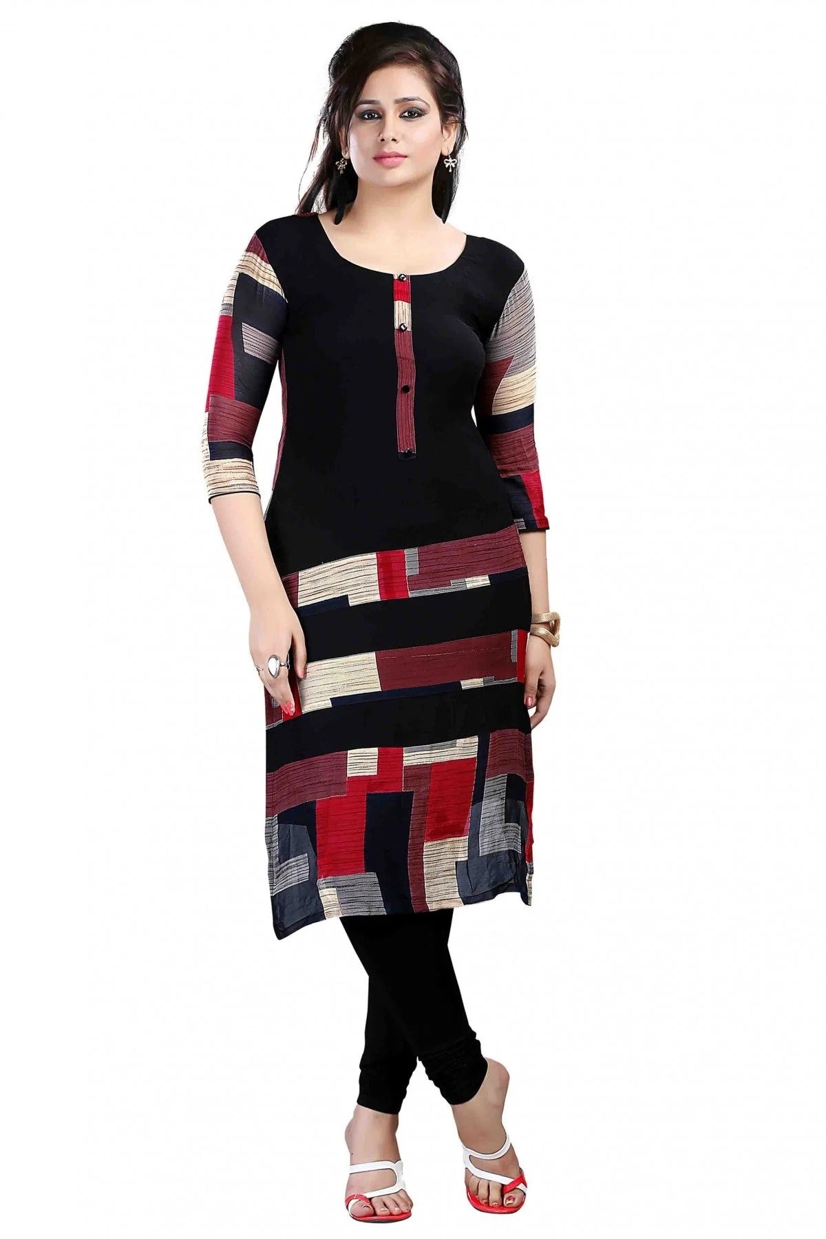Black and Red Plus Size Crepe Straight Kurti NCKR10610171