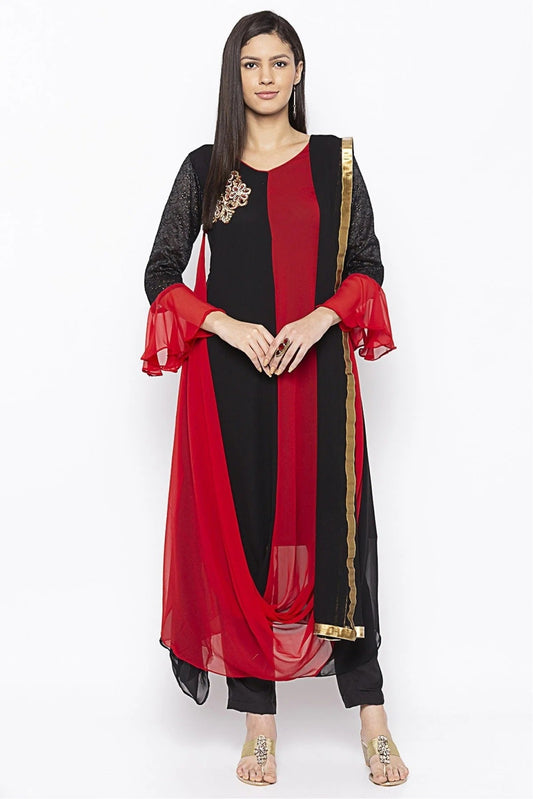 Black and Red Plus Size Georgette Embroidery Pant Style Suit NCSS10710627