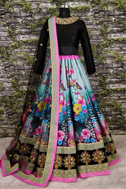 Black and Sky Blue Art Silk Lehenga Choli NCLC10110246
