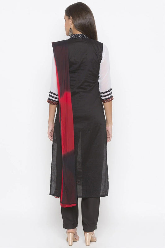 Black and White Plus Size Stitched Cotton Embroidery Pant Style Suit NCSS10710599