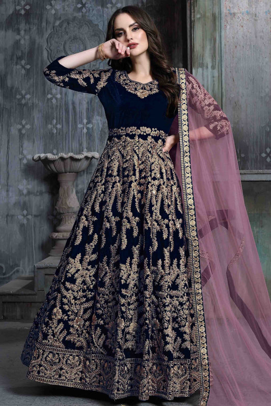 Blue 9000 Velvet Semi Stitched Anarkali Suit NCSM10510377