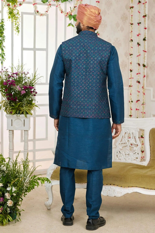 Blue Art Silk Kurta PajamaWith Jacket NCKP12310105