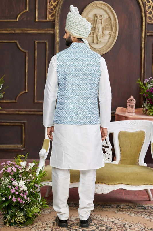 Blue Art Silk Kurta PajamaWith Jacket NCKP12310114