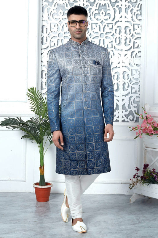 Blue Art Silk Sherwan With Churidar Pant NCSH12310318