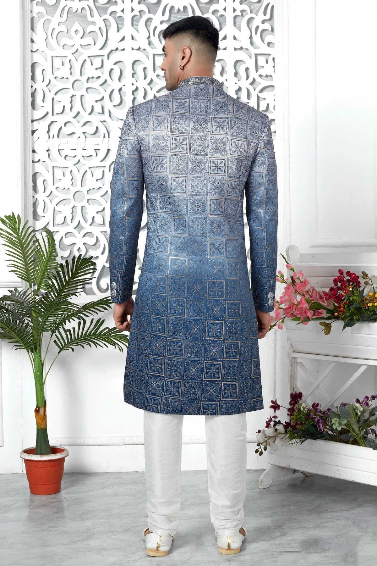 Blue Art Silk Sherwan With Churidar Pant NCSH12310318