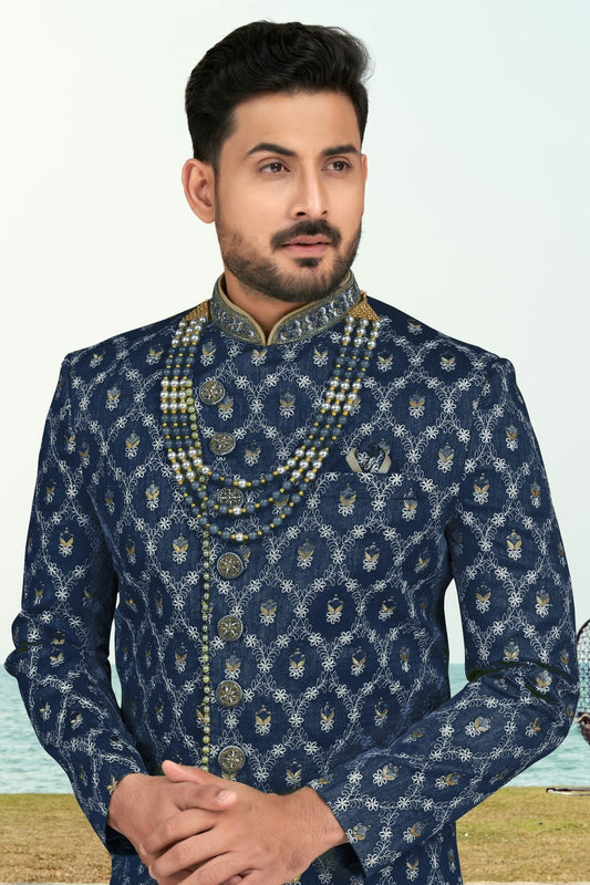 Blue Banarasi Silk Sherwani NCSH10410265