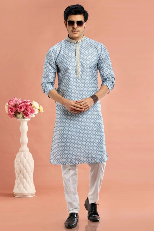 Blue Cotton Thread Kurta Pajama NCKP12310203