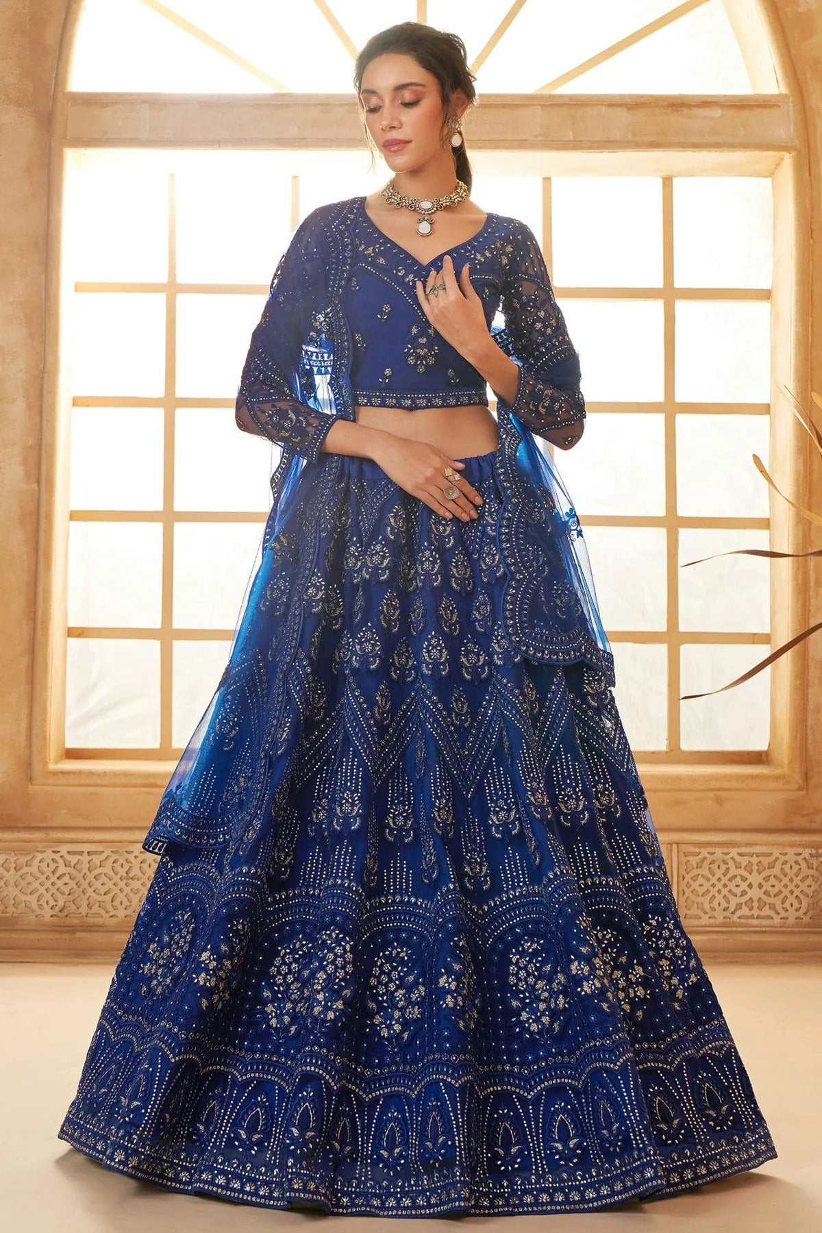 Blue Embroidery Net and SilK Lehenga Choli NCLC12910122