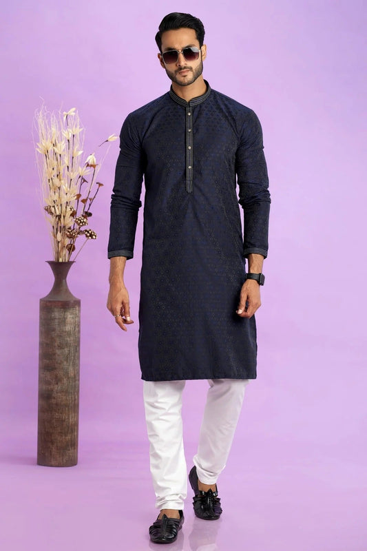 Blue Jacquard Art Silk Pintex Kurta Pajama NCKP12310168