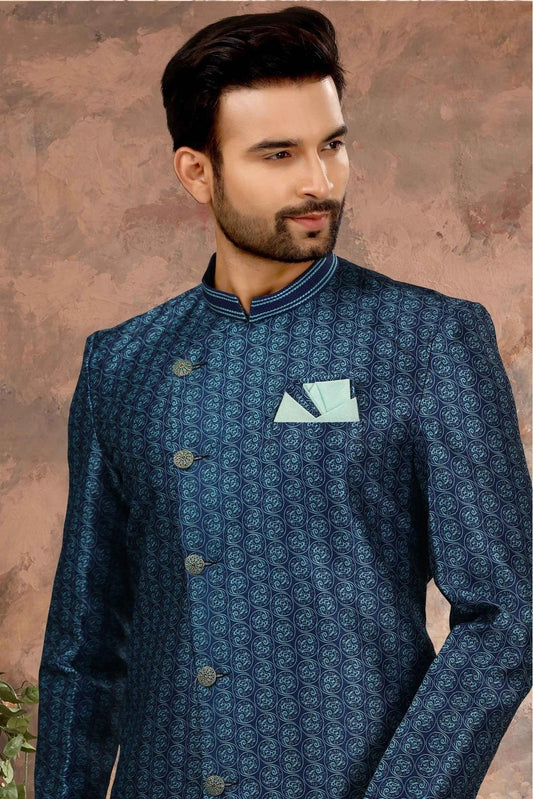 Blue Jacquard Digital Print Sherwani NCSH10410439