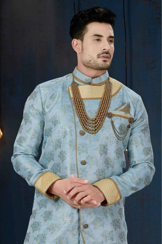 Blue Jacquard Party Wear Dhoti Sherwani NCSH10410328