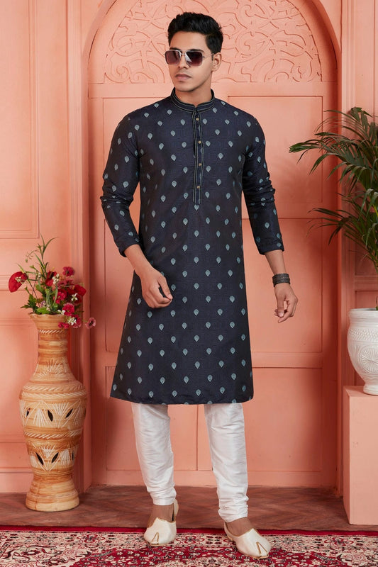 Blue Jacquard Silk Brocade Kurta Pajama NCKP12310135