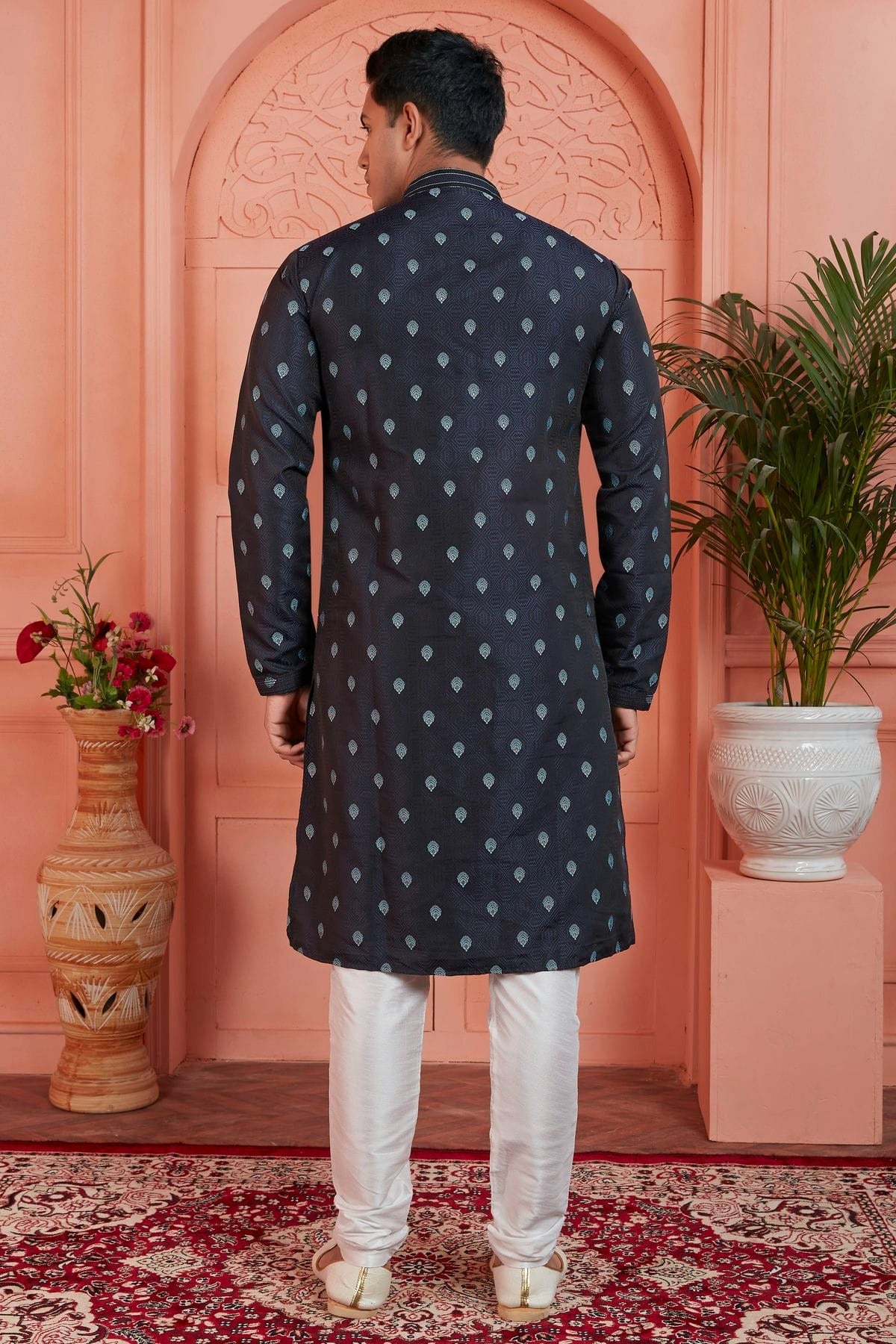 Blue Jacquard Silk Brocade Kurta Pajama NCKP12310135