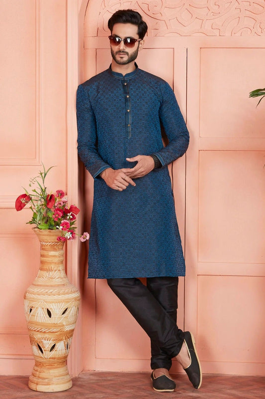 Blue Jacquard Silk Brocade Kurta Pajama NCKP12310139