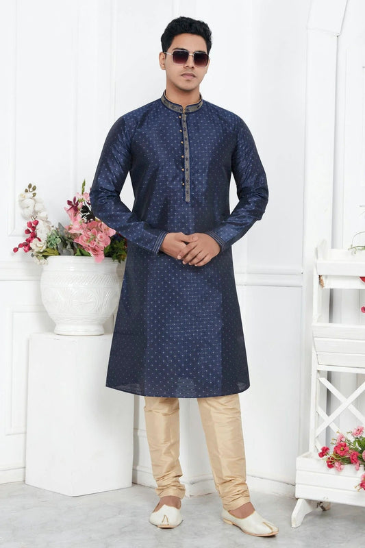 Blue Jacquard Silk Brocade Kurta Pajama NCKP12310156