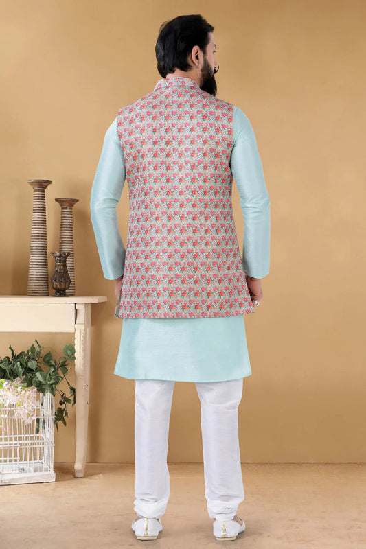 Blue Jacquard Kurta PajamaWith Jacket NCKP11310162