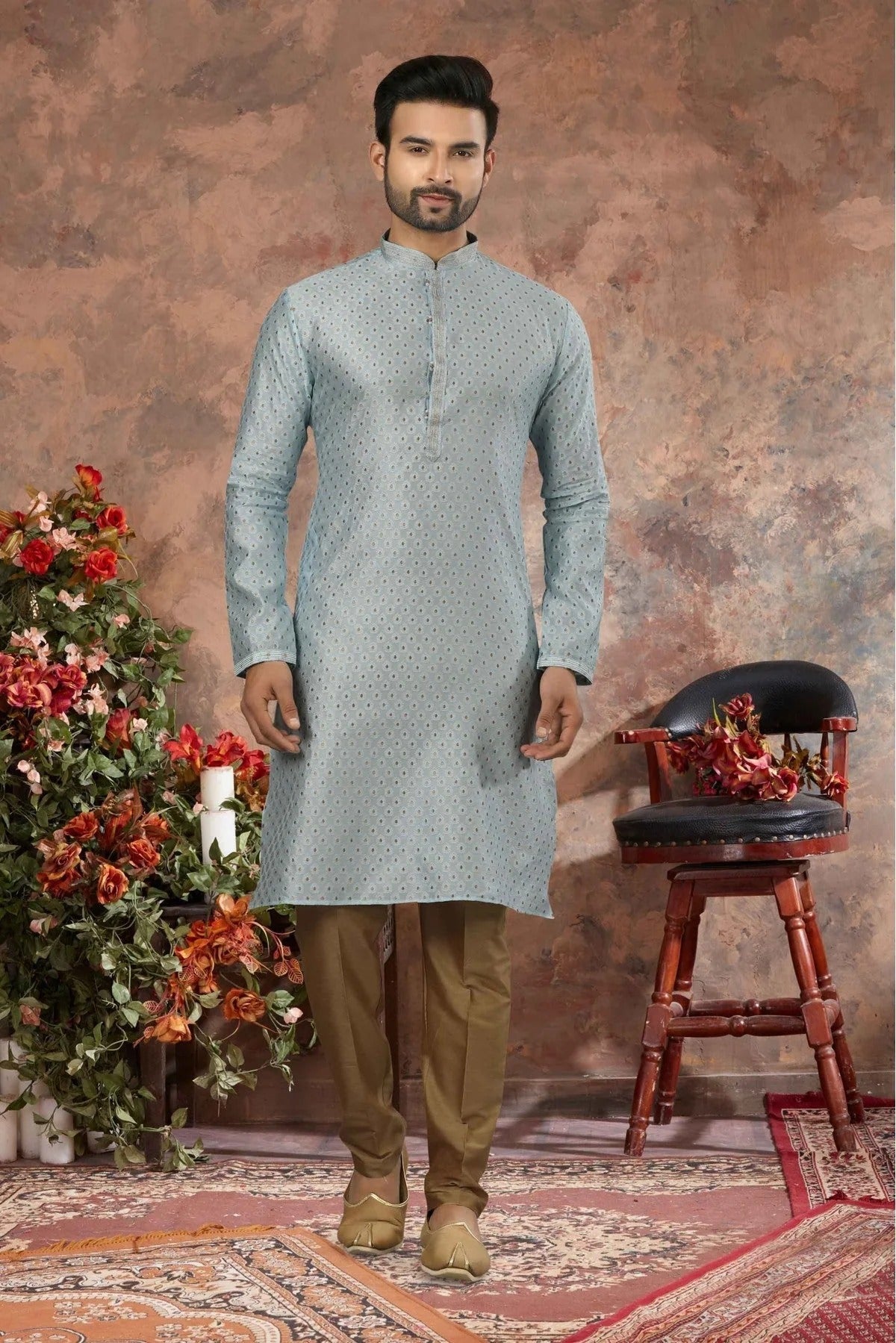 Blue Kurta Pajama In Jacquard NCKP10410689