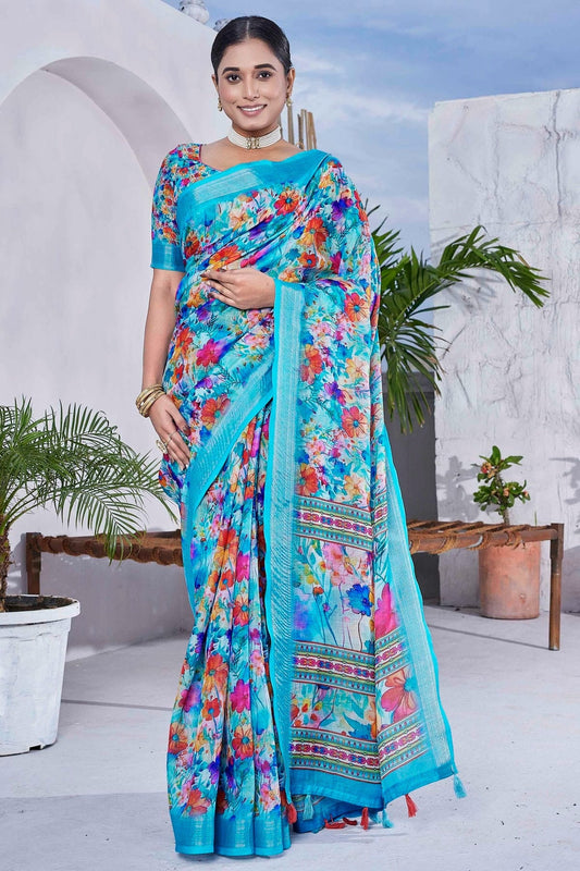 Blue Linen Blend Printed Saree NCSD11111881