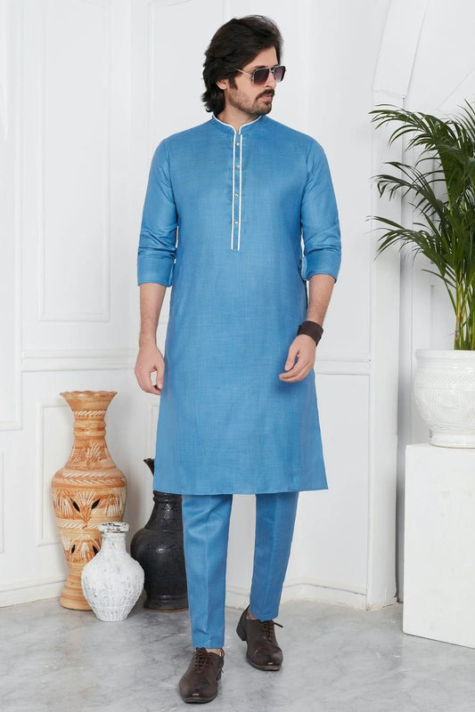 Blue Linen Cotton Pintex Kurta Pajama NCKP12310244