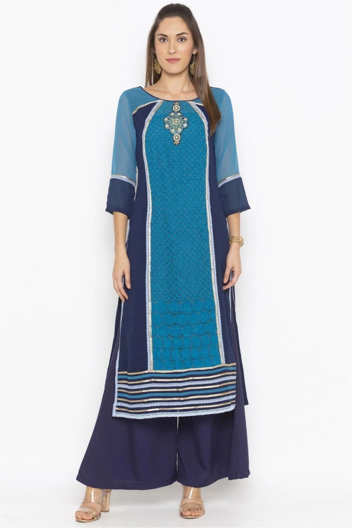 Blue Plus Size Georgette Embroidery Kurta Set NCKR10710358
