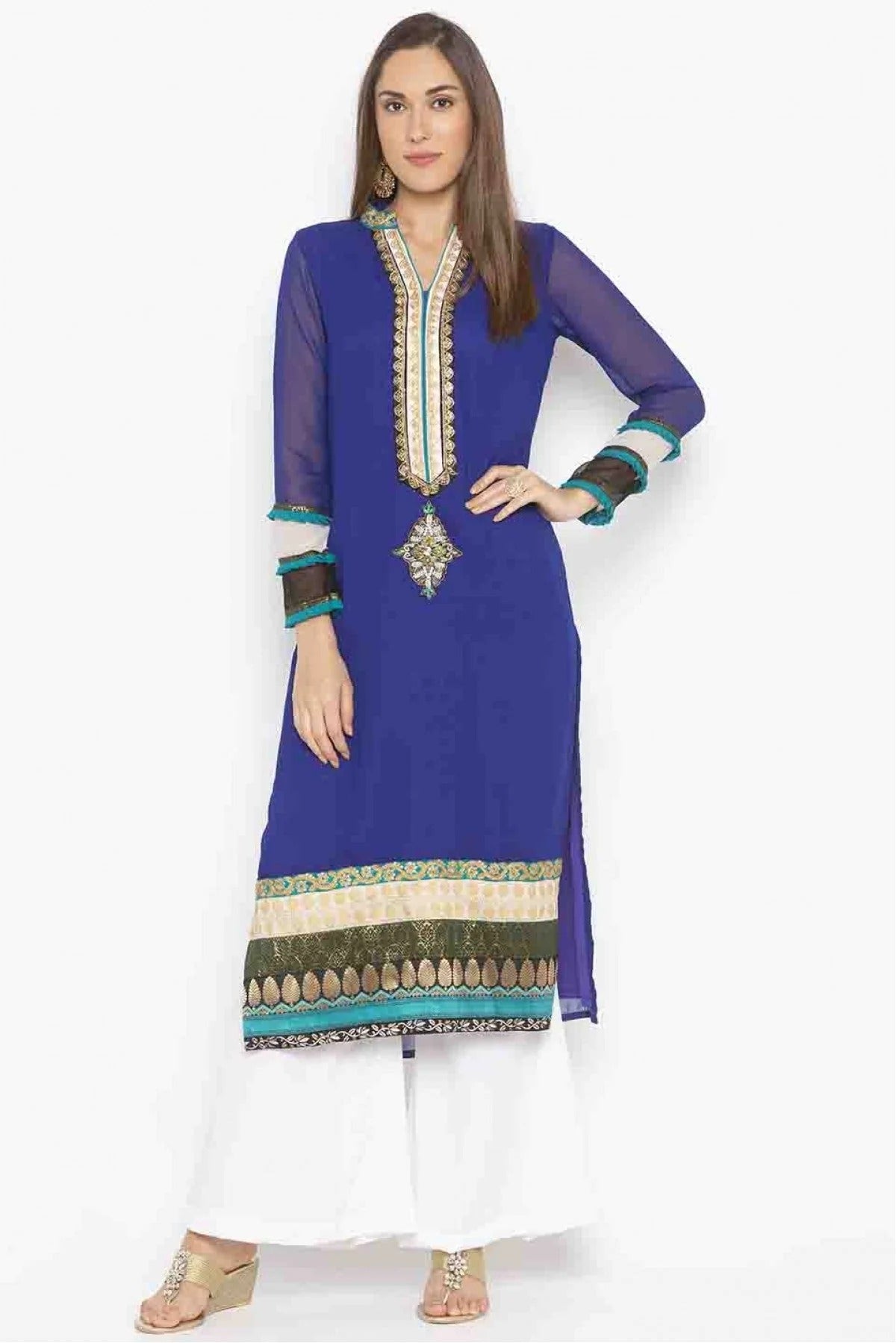 Blue Plus Size Georgette Embroidery Kurti NCKR10710115