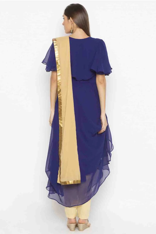 Blue Plus Size Georgette Embroidery Pant Style Suit NCSS10710650