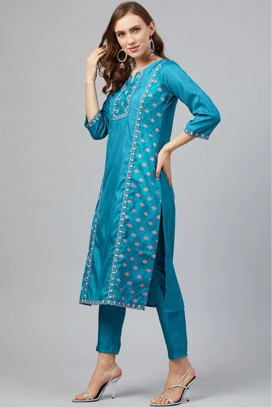 Blue Plus Size Poly Silk Straight Kurta Pant Set NCKR10610149