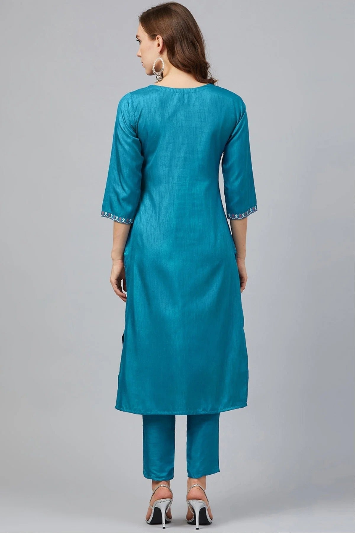 Blue Plus Size Poly Silk Straight Kurta Pant Set NCKR10610149