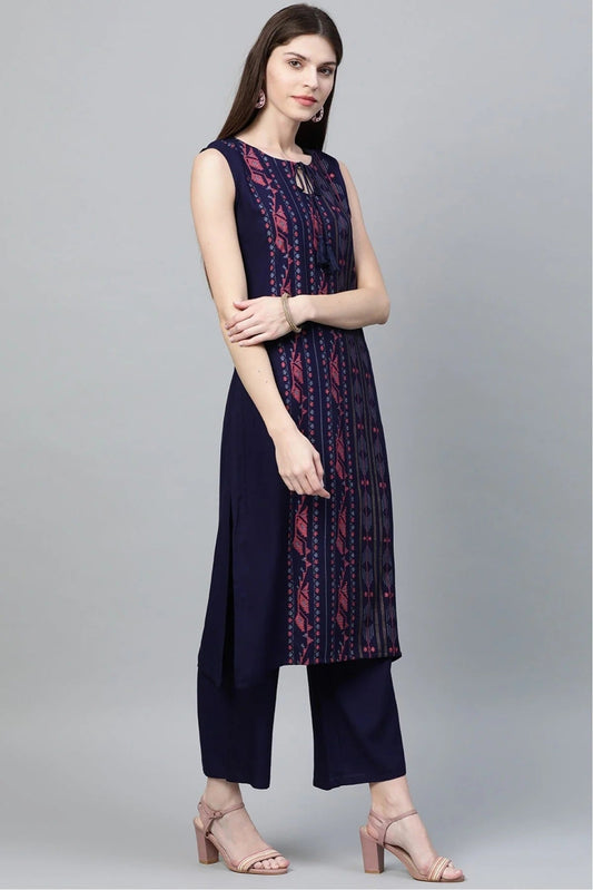 Blue Plus Size Rayon Straight Kurta Palazzo Set NCKR10610109