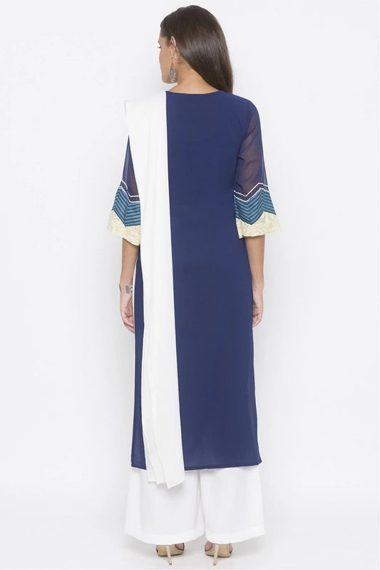 Blue Plus Size Stitched American Crepe Embroidery Palazzo Pant Suit NCSS10710589