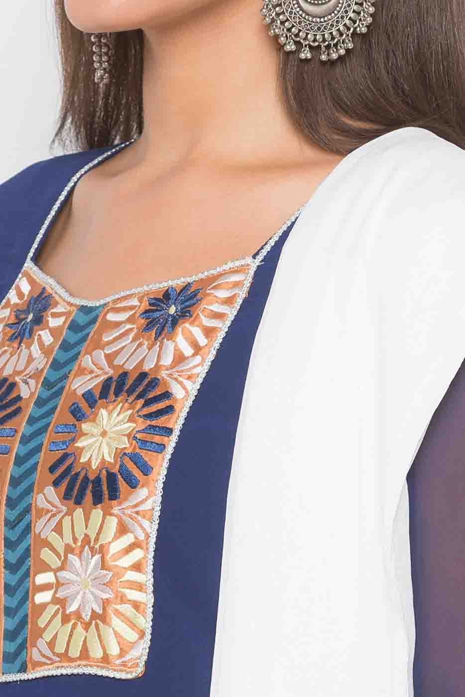 Blue Plus Size Stitched American Crepe Embroidery Palazzo Pant Suit NCSS10710589