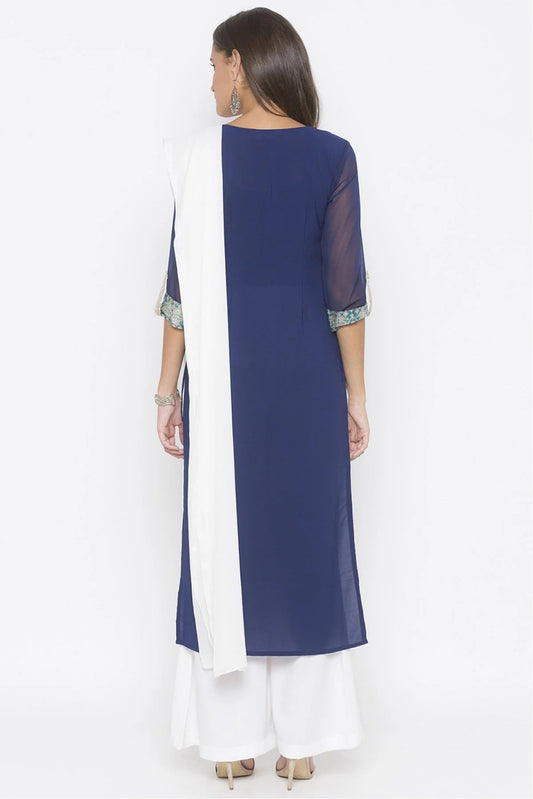 Blue Plus Size Stitched American Crepe Embroidery Palazzo Pant Suit NCSS10710600