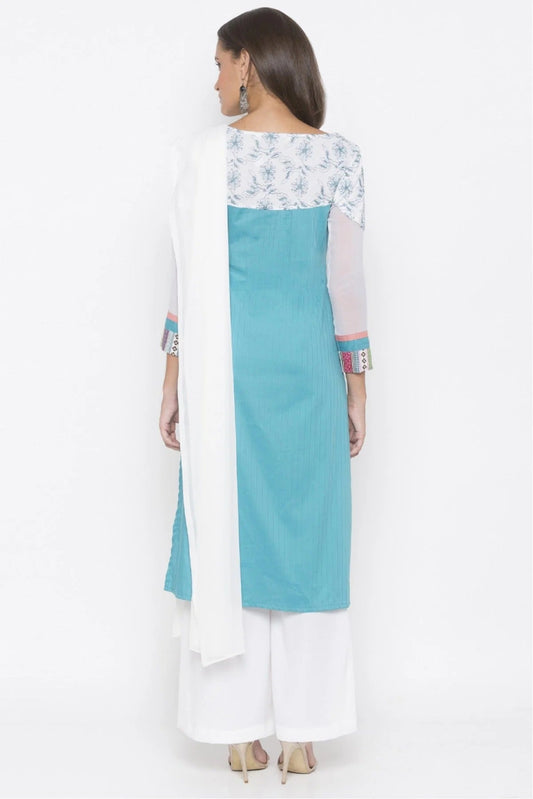 Blue Plus Size Stitched Cotton Embroidery Palazzo Pant Suit NCSS10710575