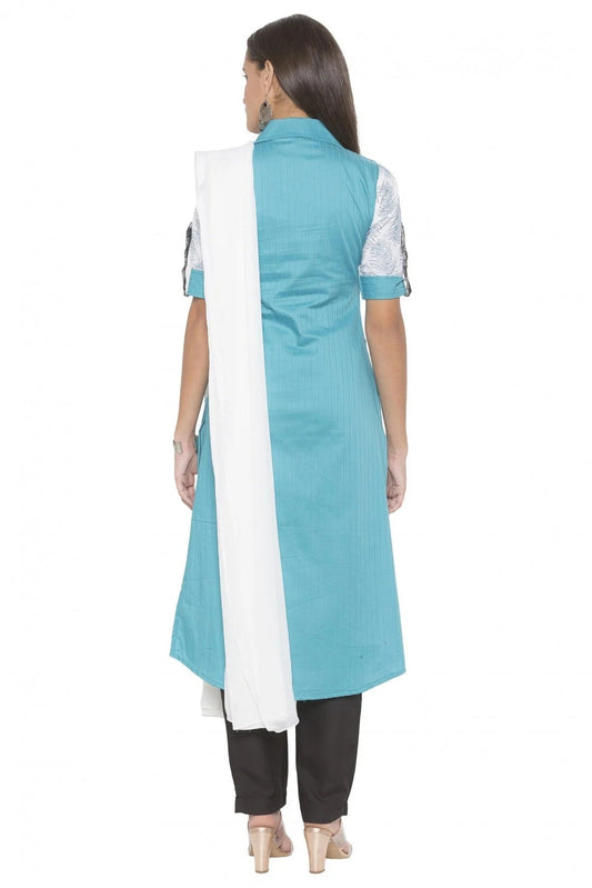 Blue Plus Size Stitched Cotton Embroidery Pant Style Suit NCSS10710570