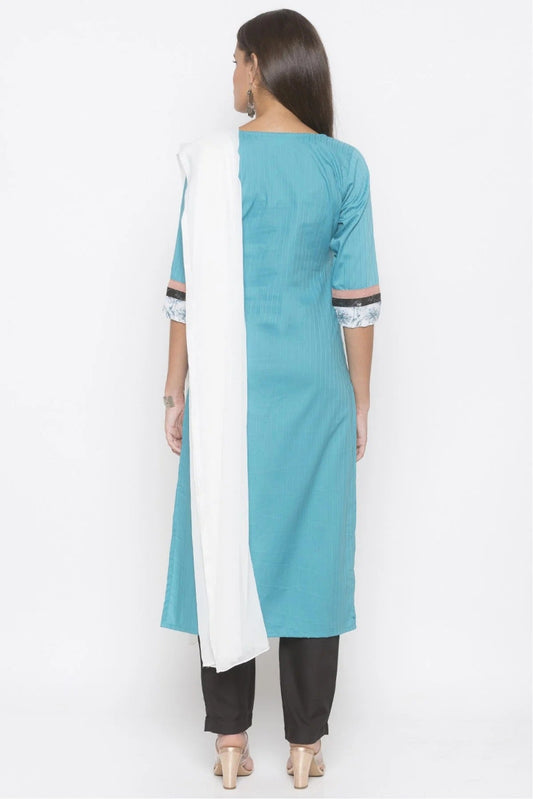 Blue Plus Size Stitched Cotton Embroidery Pant Style Suit NCSS10710585